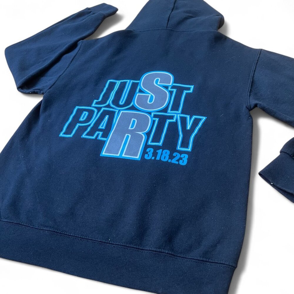 Jerzees NuBlend “JUST PARTY” Graphic Hoodie – Navy Blue, Size S - Picture 8 of 9